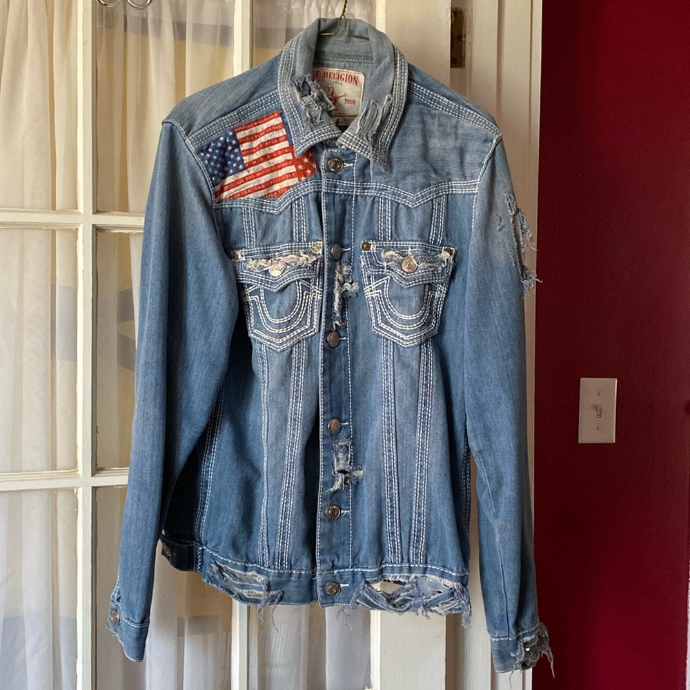 True Religion Jimmy Men's Sz Large Distressed Destroyed Jean Denim Jacket